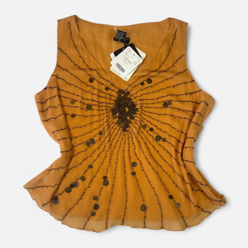Doncaster Collection Mustard Orange Silk Beaded Coin Tank Top Vtg Y2K Womens 10